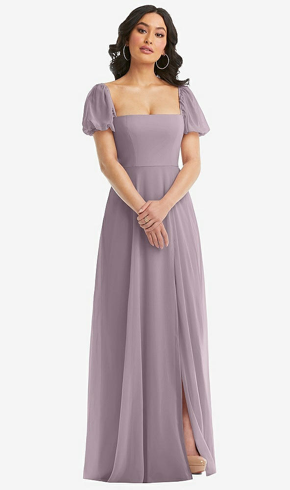 Front View - Lilac Dusk Puff Sleeve Chiffon Maxi Dress with Front Slit