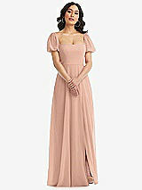 Front View Thumbnail - Pale Peach Puff Sleeve Chiffon Maxi Dress with Front Slit