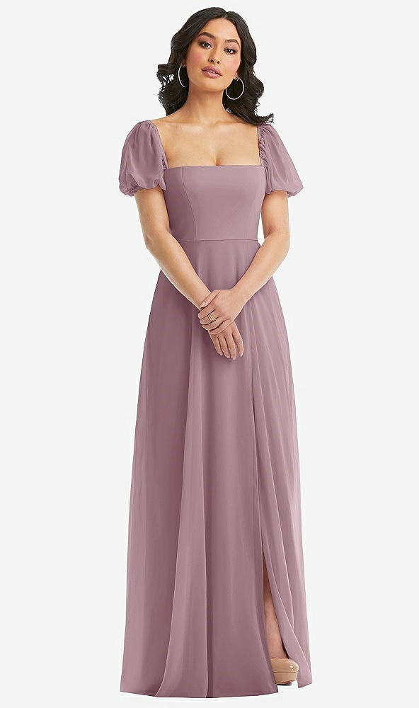 Front View - Dusty Rose Puff Sleeve Chiffon Maxi Dress with Front Slit
