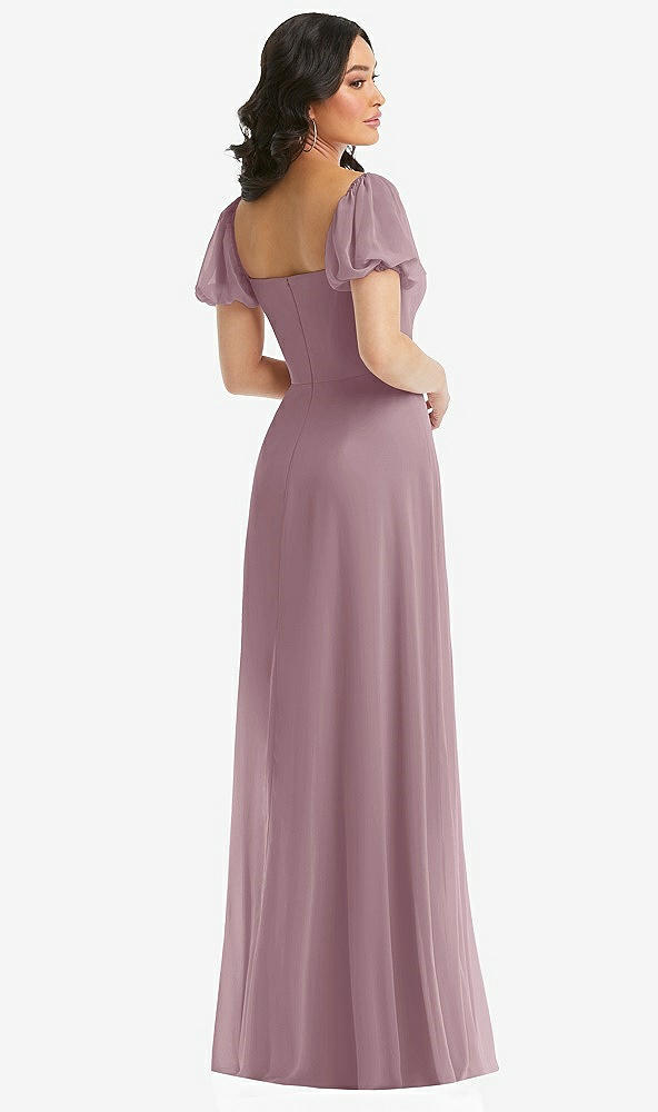 Back View - Dusty Rose Puff Sleeve Chiffon Maxi Dress with Front Slit