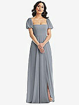 Front View Thumbnail - Platinum Puff Sleeve Chiffon Maxi Dress with Front Slit