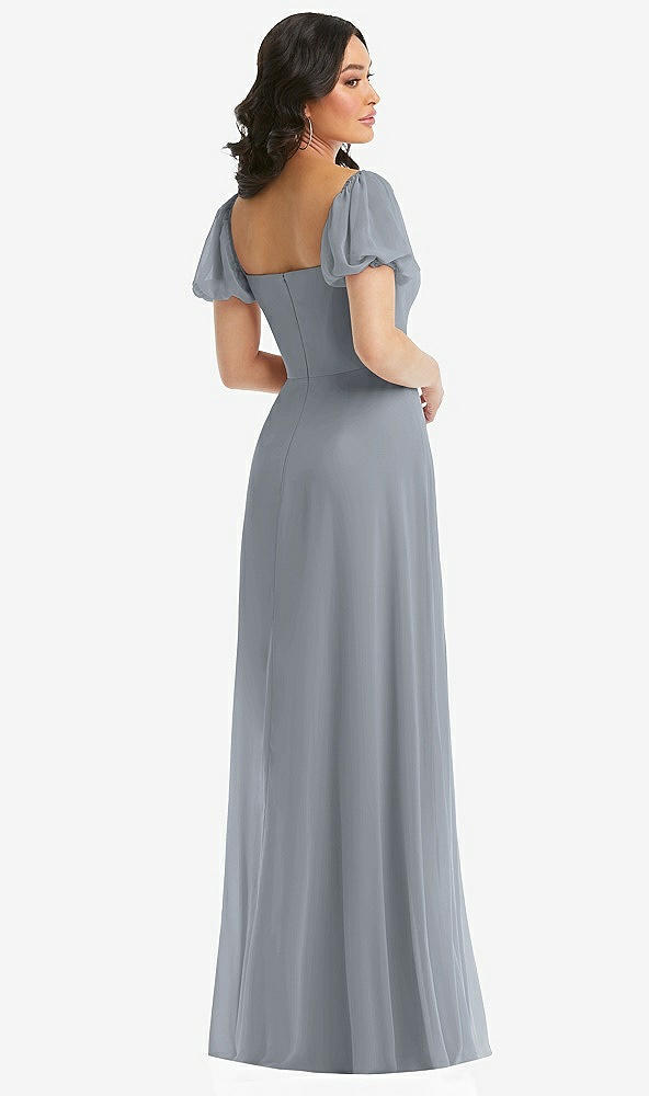 Back View - Platinum Puff Sleeve Chiffon Maxi Dress with Front Slit