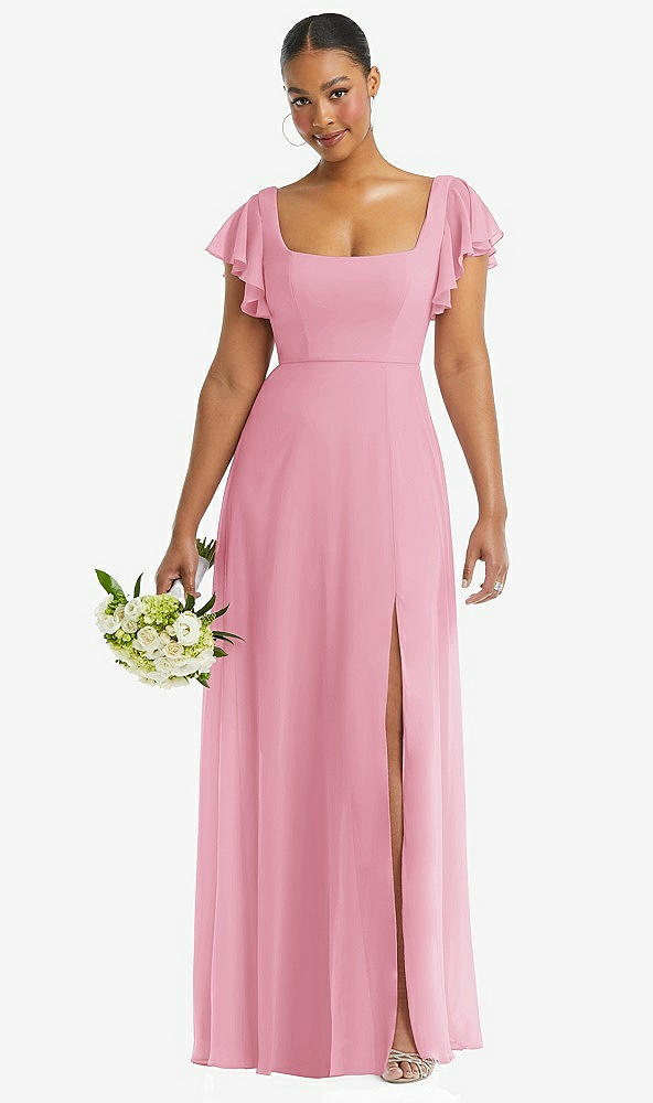Front View - Peony Pink Flutter Sleeve Scoop Open-Back Chiffon Maxi Dress
