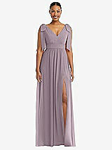 Front View Thumbnail - Lilac Dusk Plunge Neckline Bow Shoulder Empire Waist Chiffon Maxi Dress