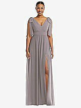 Front View Thumbnail - Cashmere Gray Plunge Neckline Bow Shoulder Empire Waist Chiffon Maxi Dress