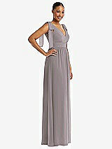 Side View Thumbnail - Cashmere Gray Plunge Neckline Bow Shoulder Empire Waist Chiffon Maxi Dress