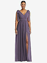 Front View Thumbnail - Lavender Plunge Neckline Bow Shoulder Empire Waist Chiffon Maxi Dress