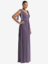 Side View Thumbnail - Lavender Plunge Neckline Bow Shoulder Empire Waist Chiffon Maxi Dress