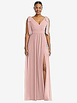 Front View Thumbnail - Rose - PANTONE Rose Quartz Plunge Neckline Bow Shoulder Empire Waist Chiffon Maxi Dress