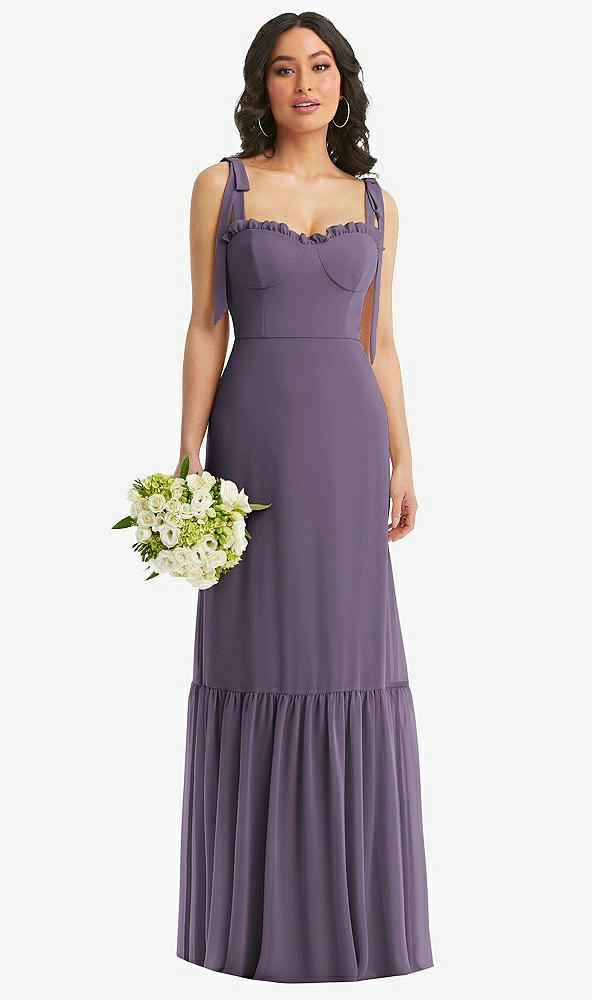 Front View - Lavender Tie-Shoulder Bustier Bodice Ruffle-Hem Maxi Dress