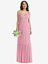 Front View Thumbnail - Peony Pink Tie-Shoulder Bustier Bodice Ruffle-Hem Maxi Dress