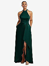 Front View Thumbnail - Evergreen High-Neck Tie-Back Halter Cascading High Low Maxi Dress