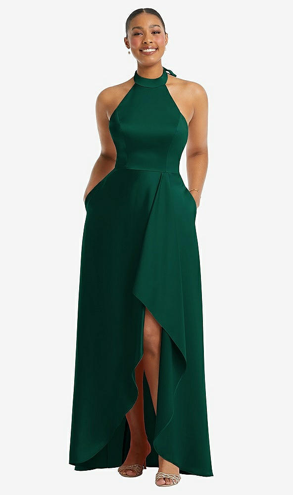 Front View - Hunter Green High-Neck Tie-Back Halter Cascading High Low Maxi Dress