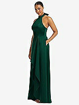 Side View Thumbnail - Hunter Green High-Neck Tie-Back Halter Cascading High Low Maxi Dress
