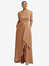 Front View Thumbnail - Toffee High-Neck Tie-Back Halter Cascading High Low Maxi Dress