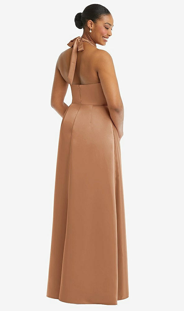 Back View - Toffee High-Neck Tie-Back Halter Cascading High Low Maxi Dress
