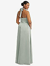 Rear View Thumbnail - Willow Green High-Neck Tie-Back Halter Cascading High Low Maxi Dress