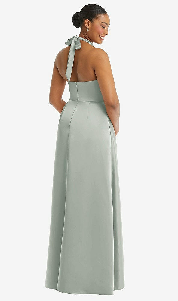 Back View - Willow Green High-Neck Tie-Back Halter Cascading High Low Maxi Dress