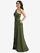 Side View Thumbnail - Olive Green One-Shoulder High Low Maxi Dress with Pockets