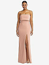 Alt View 1 Thumbnail - Pale Peach Strapless Overlay Bodice Crepe Maxi Dress with Front Slit