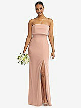 Front View Thumbnail - Pale Peach Strapless Overlay Bodice Crepe Maxi Dress with Front Slit