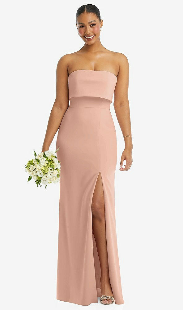 Front View - Pale Peach Strapless Overlay Bodice Crepe Maxi Dress with Front Slit