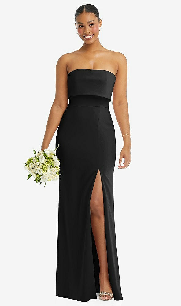 Front View - Black Strapless Overlay Bodice Crepe Maxi Dress with Front Slit