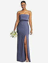 Front View Thumbnail - French Blue Strapless Overlay Bodice Crepe Maxi Dress with Front Slit