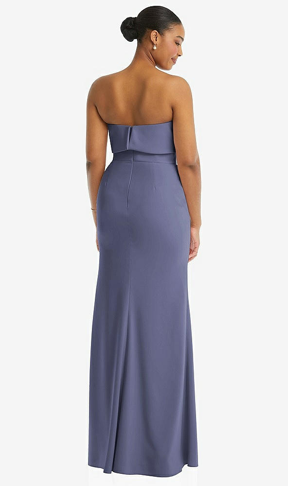 Back View - French Blue Strapless Overlay Bodice Crepe Maxi Dress with Front Slit