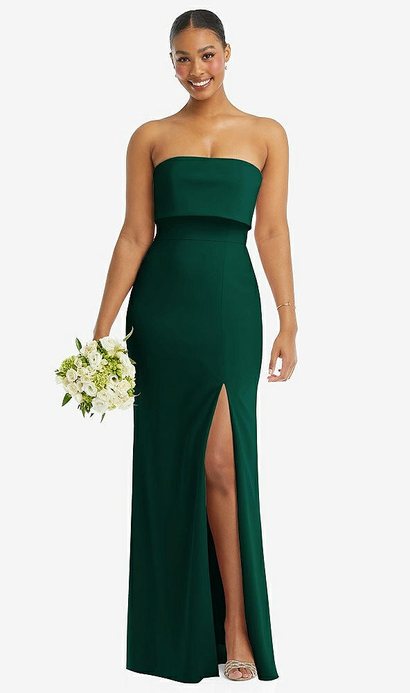 Front View - Hunter Green Strapless Overlay Bodice Crepe Maxi Dress with Front Slit