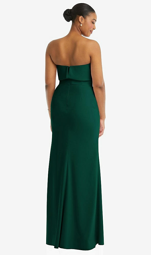Back View - Hunter Green Strapless Overlay Bodice Crepe Maxi Dress with Front Slit