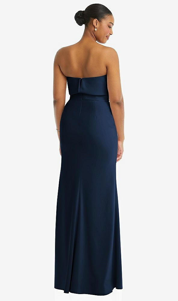 Back View - Midnight Navy Strapless Overlay Bodice Crepe Maxi Dress with Front Slit