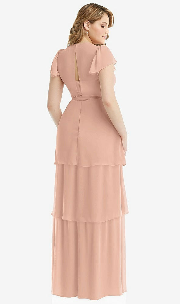 Back View - Pale Peach Flutter Sleeve Jewel Neck Chiffon Maxi Dress with Tiered Ruffle Skirt