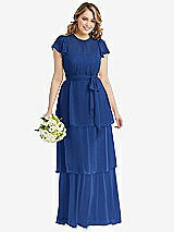 Front View Thumbnail - Classic Blue Flutter Sleeve Jewel Neck Chiffon Maxi Dress with Tiered Ruffle Skirt