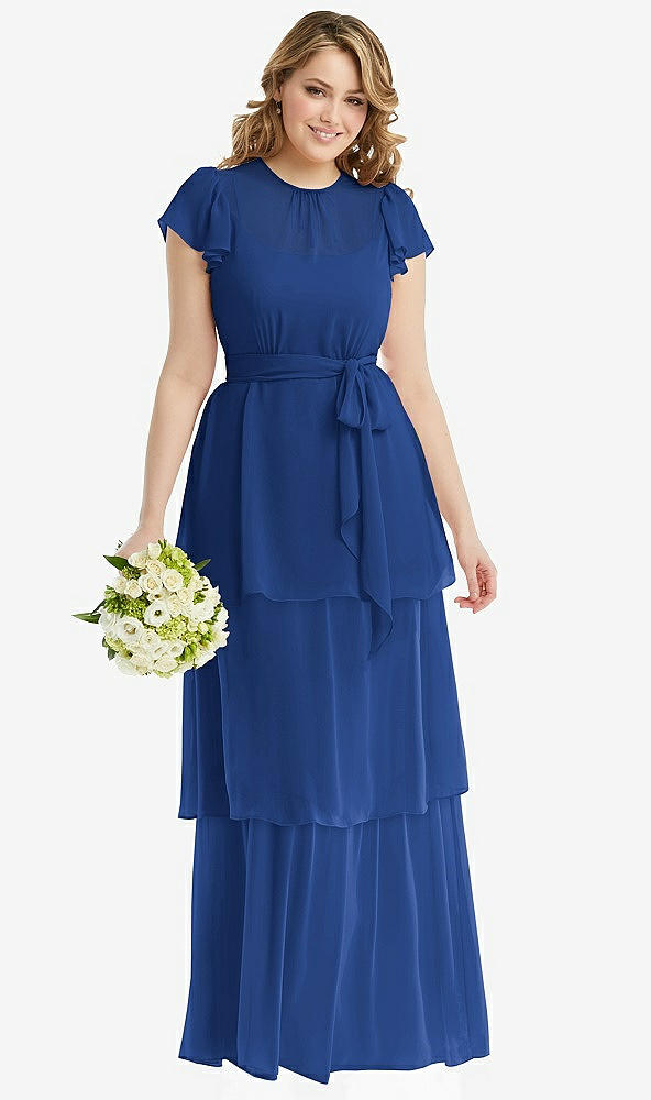 Front View - Classic Blue Flutter Sleeve Jewel Neck Chiffon Maxi Dress with Tiered Ruffle Skirt