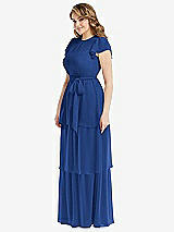 Side View Thumbnail - Classic Blue Flutter Sleeve Jewel Neck Chiffon Maxi Dress with Tiered Ruffle Skirt
