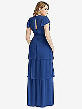 Rear View Thumbnail - Classic Blue Flutter Sleeve Jewel Neck Chiffon Maxi Dress with Tiered Ruffle Skirt