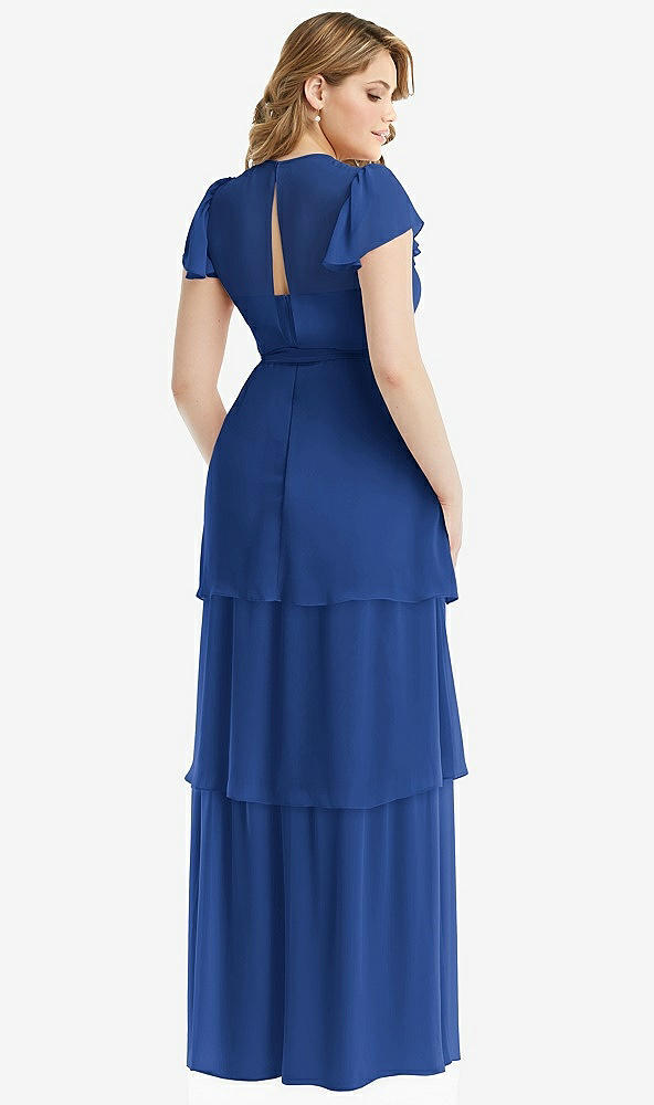 Back View - Classic Blue Flutter Sleeve Jewel Neck Chiffon Maxi Dress with Tiered Ruffle Skirt
