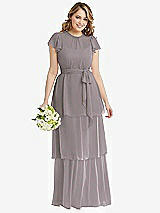 Front View Thumbnail - Cashmere Gray Flutter Sleeve Jewel Neck Chiffon Maxi Dress with Tiered Ruffle Skirt