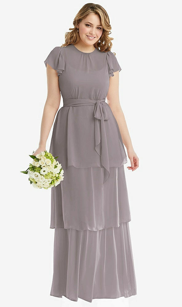 Front View - Cashmere Gray Flutter Sleeve Jewel Neck Chiffon Maxi Dress with Tiered Ruffle Skirt