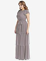 Side View Thumbnail - Cashmere Gray Flutter Sleeve Jewel Neck Chiffon Maxi Dress with Tiered Ruffle Skirt
