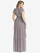 Rear View Thumbnail - Cashmere Gray Flutter Sleeve Jewel Neck Chiffon Maxi Dress with Tiered Ruffle Skirt