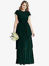 Front View Thumbnail - Evergreen Flutter Sleeve Jewel Neck Chiffon Maxi Dress with Tiered Ruffle Skirt