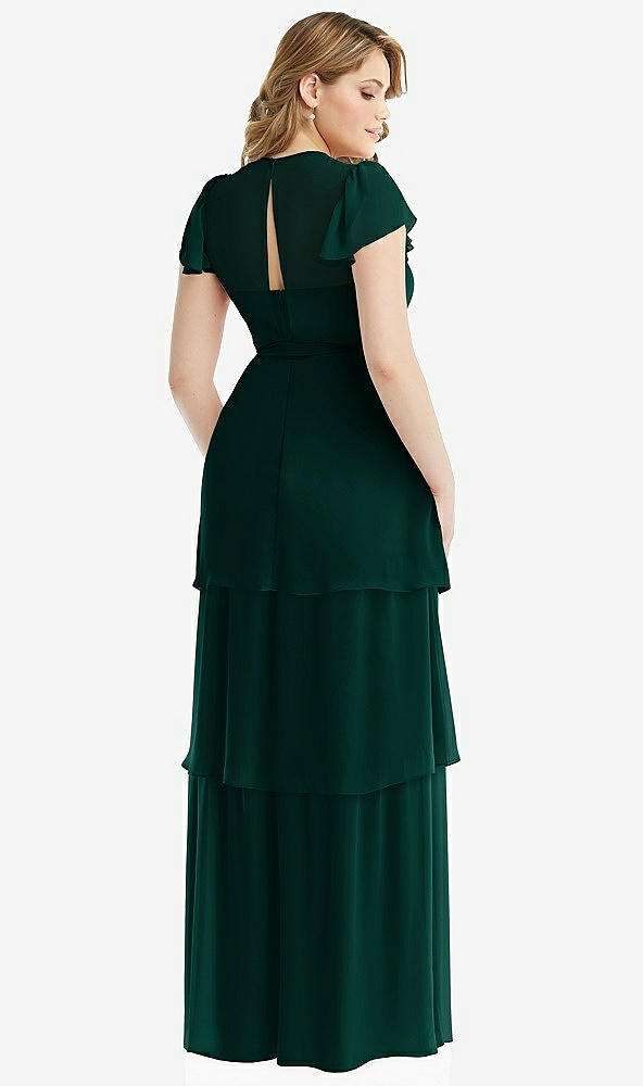Back View - Evergreen Flutter Sleeve Jewel Neck Chiffon Maxi Dress with Tiered Ruffle Skirt