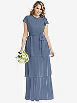 Front View Thumbnail - Larkspur Blue Flutter Sleeve Jewel Neck Chiffon Maxi Dress with Tiered Ruffle Skirt