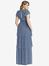 Rear View Thumbnail - Larkspur Blue Flutter Sleeve Jewel Neck Chiffon Maxi Dress with Tiered Ruffle Skirt