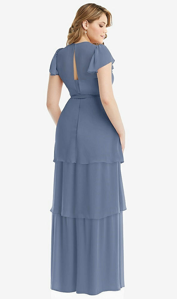 Back View - Larkspur Blue Flutter Sleeve Jewel Neck Chiffon Maxi Dress with Tiered Ruffle Skirt