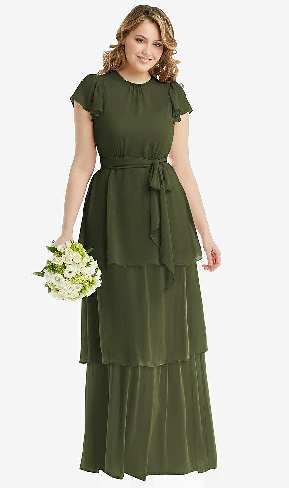 Front View - Olive Green Flutter Sleeve Jewel Neck Chiffon Maxi Dress with Tiered Ruffle Skirt