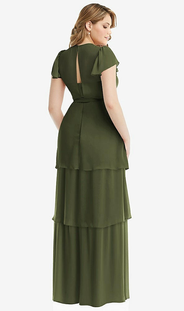 Back View - Olive Green Flutter Sleeve Jewel Neck Chiffon Maxi Dress with Tiered Ruffle Skirt