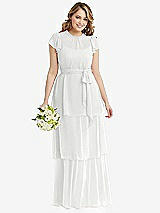 Front View Thumbnail - White Flutter Sleeve Jewel Neck Chiffon Maxi Dress with Tiered Ruffle Skirt